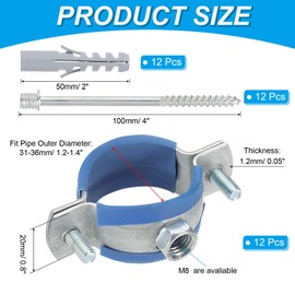 PATIKIL 1.2"-1.4"/31-36mm Split Ring Pipe Hanger, 12 Pcs Heavy Duty Adjustable Pipe Bracket Clamp Galvanized Iron Wall Ceiling Mount Pipe Strap Support with Screws & Expansion Tube, Blue