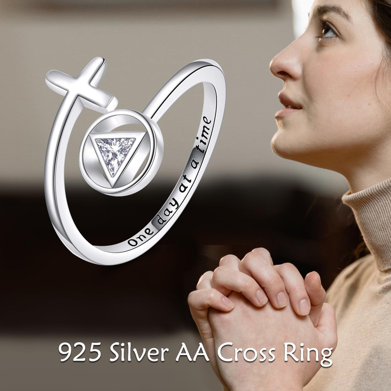 HUKKUN Alcoholics Anonymous Recovery Ring Sterling Silver Cross AA One