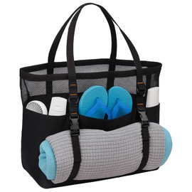 ECOSEAO Women's Beach Bag, Large Beach Bag with Multiple Pockets, Mesh Beach Bag with Zipper on the Bottom Beach Bag Large XXL Family for Shopping, Travel, Camping