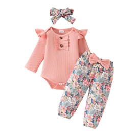 Zupora Baby Girl Clothes 3Pcs Infant Newborn Clothing Set Toddler Ruffled Romper Floral Pant+Headband Gift 0-18 Months