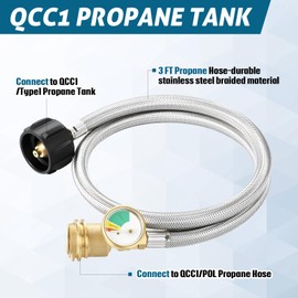 Vicenpal Propane Tank Extension Hose Braided with Gauge and Tank Adapter Converts Pol to Qcc1, Propane Hose Adapter Braided with Gauge for Gas Grill, Stove, Heaters and More Appliances(3 ft)