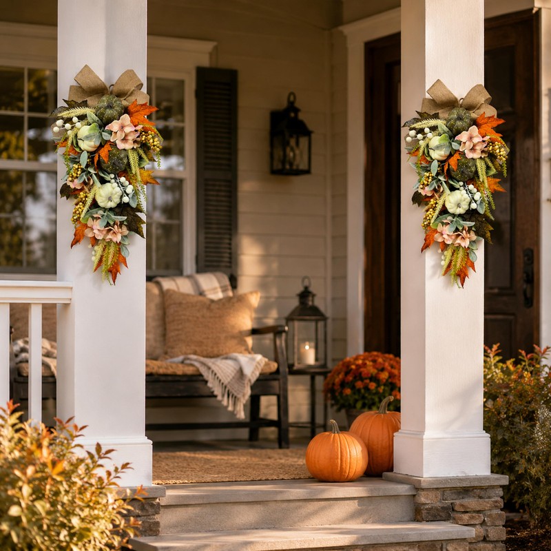 Svndlyn 24 Inch Lighted Fall Teardrop Swag with Timer and