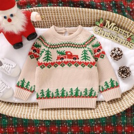 Siyova Baby Boys Girls Christmas Jumpers Knitted Sweaters Long Sleeve Letter Print Pullover Knitwear Toddler My First Christmas Outfits Winter Clothes (Khaki, 12-18 Months)