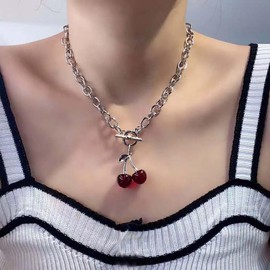 Inateannal Gothic Cherry Choker Necklace Red Cherry Pendant Necklace Silver Chain Toggle Clasp Necklace Chunky Cuban Chain Necklace Black Large Cherry Necklace