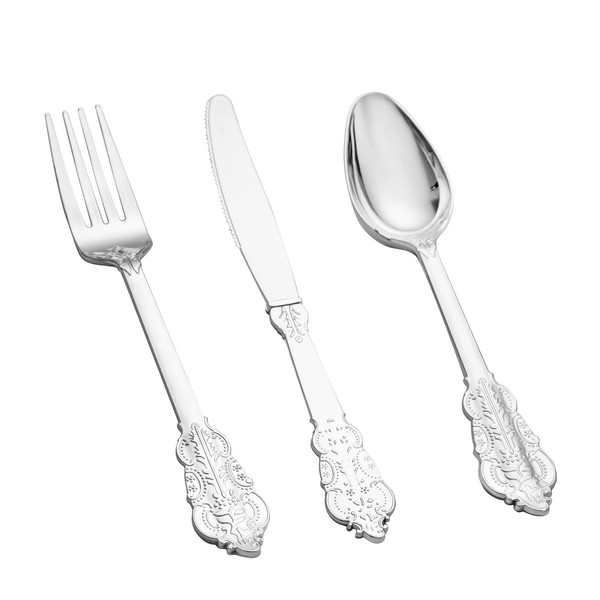 BUCLA 600 Pieces Silver Plastic Silverware - Disposable Plastic Cutlery - Heavyweight Silverware Disposable Utensils - 200 Silver Forks, 200 Silver Spoons, Silver 200 Knives
