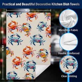 Coastal Beach Crab Crawfish Kitchen Dish Towels, Lobster Beach Lover Gifts, Summer Ocean Nautical Pastel Colorful Crab Decorative Hand Tea Towels for Bathroom Kitchen, 16x24 Inches Set of 2