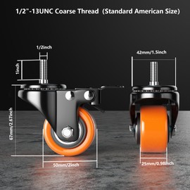 2 Inch Caster Wheels 1/2"-13x1 Threaded Stem Casters Set of 4 Heavy Duty
