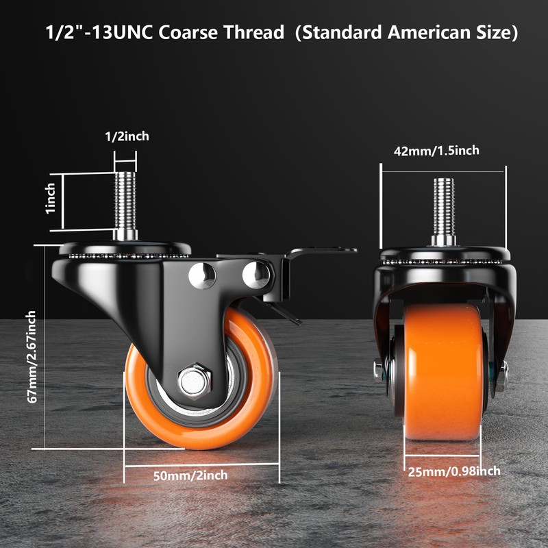 2 Inch Caster Wheels 1/2"-13x1 Threaded Stem Casters Set of
