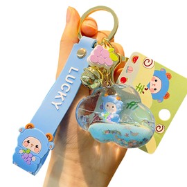 Rertnocnf Cute Kawaii Floating Fruit Sheep Character Cloud Design Backpack Car Key Pendant Kids Girls Women Handbag Wallet Clear Acrylic Glitter Liquid Keychain Blue