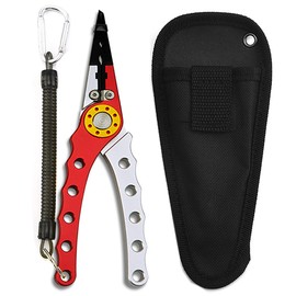 Aluminium Fishing Pliers with Lanyard and Sheath, Multifunctional Split Ring Pliers Fishing Line Cutting Line Cutter - Grey & Red