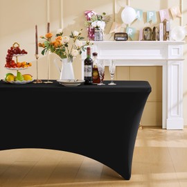 Fantastshop 8ft Stretch Spandex Table Cloth for Rectangle Table Tight Fitted Tablecloths - Washable and Wrinkle Resistant Table Cover for Events Party Wedding Birthday Patio Banquet Festival, Black.
