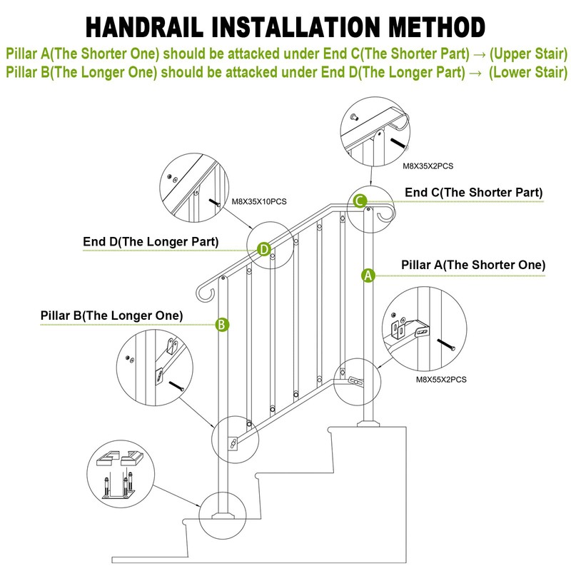 Zwinz Adjustable Handrails for Outdoor Steps, Handrail Picket #2 Fits