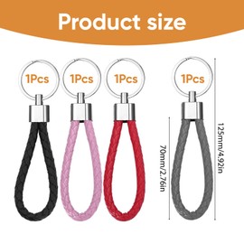 Braided Keyrings for Men Women – 4Pcs Handwoven Keyring Strap with Metal Fob – Stylish Car Keyring for Women – Durable PU Leather Keychains for House, Office, Bag, Gift Set (Black Grey Red Pink)