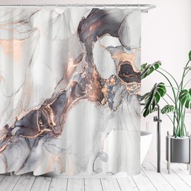 Tititex Abstract White Black and Rose Gold Marble Texture Shower Curtain Sets, Modern Ink Bathroom Decoration 72x72 Inch with Hooks