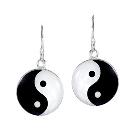 AeraVida Yin and Yang Life Balance .925 Sterling Silver Dangle Earrings | Yin Yang Dangle Earrings | Black Stone Dangle Earrings for Women | Pure Silver Earrings