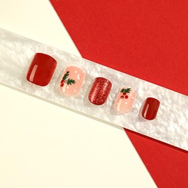 24Pcs Christmas Press on Nails Short Square Fake Nails with Designs Red Glue on Nails Full Cover Acrylic Nails Winter Xmas Stick on Nails Reusable False Nails Glossy Artificial Nails for Women