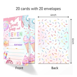 Birthday Invitations, 7th Birthday Party, Invitation Cards, Sweet Sassy and Seven, Dessert Party, Birthday Party Invitations, Party Supplies Decoration for Birthday, 20 Cards with 20 Envelopes. (113)