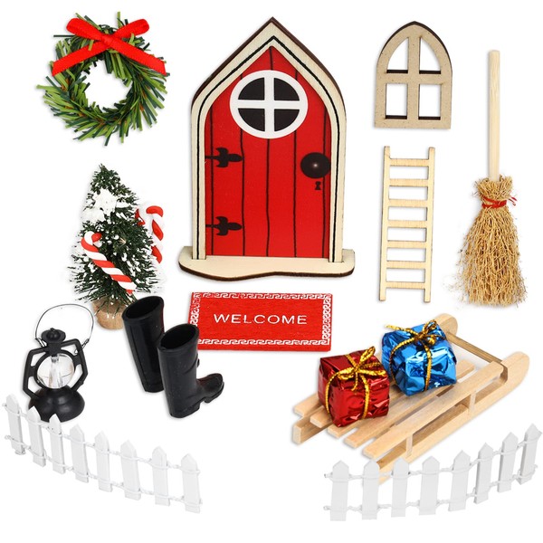 yumcute 17 Pieces Gnome Door Set, Miniature Gnome Accessories Christmas Set, Christmas Fairy Door Made of Wood, Nissedor Christmas Decoration for Children Gnome House