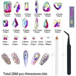  2680pcs 3D Rhinestone Nail Parts, Acrylic Crystal AB, Polyform Acrylic Crystal AB Nail Art Charm, Glitter Flat Back Beads, Transparent Nail Stone Nail Art