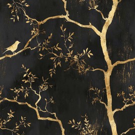 SuxiGlo Retro Chinoiserie Tree Peel and Stick Wallpaper, (Black and Gold) Elegant Oriental Pattern Wallpaper for Home Decor | 17.7" x 118", Self-Adhesive, Waterproof Vinyl