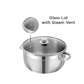 Vinod Bremen Stainless Steel Saucepot with Glass Lid 1 Litre, 14 cm | 2.5mm Thick Base | Riveted Sturdy Handle | | Induction and Gas Base - Silver