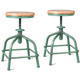 Topower Farmhouse Kitchen Stool, Industrial Counter Stool, Kitchen Deco Round Seat Standard Height Adjustable Swivel Bar Stools Indoor House Design Wood Seat Antique Green Set of 2