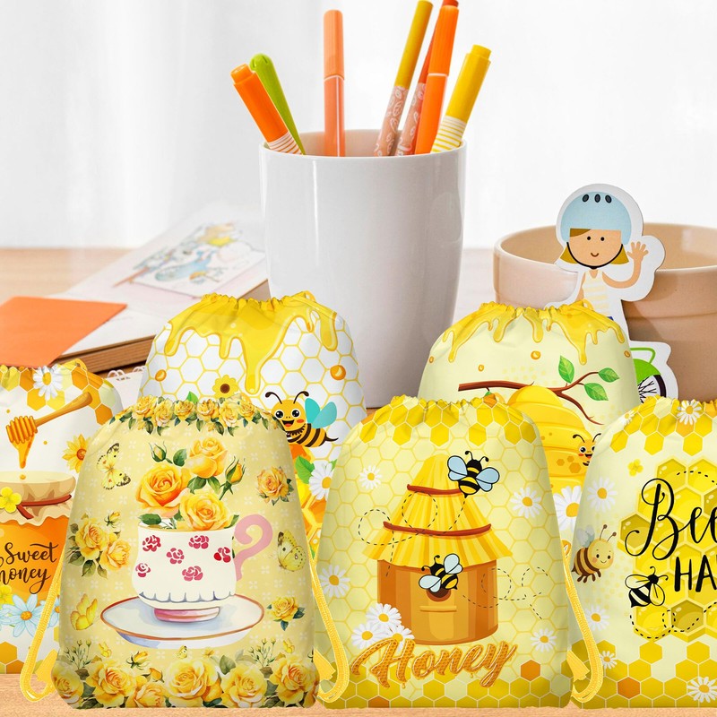 12 Pcs Bee Drawstring Bag Set, Honey-Print Non-Woven Backpacks &