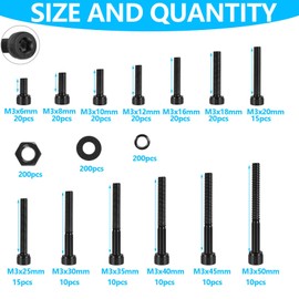800Pcs M3 Screw Kit,Hex Socket Head Cap Screws Assortment with Nuts and Washers 12.9 Grade Alloy Steel Black Zinc Plated Metric Screws,M3 Bolts for 3D Printing