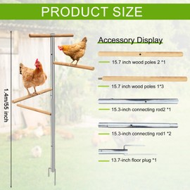 Large Chicken Perch Toys for Coop, Rotatable Wood & Metal Chick Perch Stand with Metal Ground Plug, Birds Training Branch Perch, Chicken Coop Accessories for Large Bird Parrot Poultry Rooster