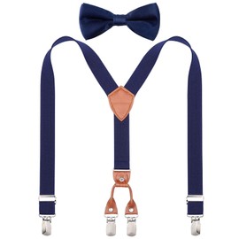 Children's Boys Braces Bow Tie Set - Y-Shaped Braces and Bow Tie Set for Boys Girls Leather Adjustable Elastic Braces with 4 Clips, navy blue