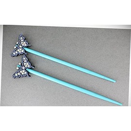 Perfect Hairstyle with Our Hair Accessories - Turquoise Set Of 2 Butterfly Hair Chop Sticks Wood Picks Pins Print 7 1/8" Long Fashionable Hair Accessory Hair Jewelry Accessories for Lady Women