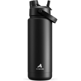 POWCAN Botella de agua aislada de 32 oz con popote y tapa de 2 en 1, mantiene el frío durante 24 horas, a prueba de fugas, sin BPA, botella de agua de acero inoxidable de doble pared para deportes