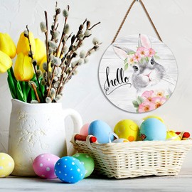 Easter Door Sign Decor Spring Rabbit Bunny Door Decoration Round Hanger Wood Hanging Wall for Home Outdoor Indoor Decoration 12x12 inch