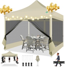 COBIZI Canopy Tent 10x10 Heavy Duty Pop up Canopy with Sidewalls, Easy Set up Outdoor Canopy with Mosquito Net Pop up Screen Tents for Parties, Screened in Canopy for Backyard with Handbag, Khaki