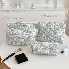 Aesthetic Cosmetic Bag, Travel Flower Pattern Makeup Bag, Set of 3 Cosmetic Bag, Women's Quilted Toiletry Bag with Floral Pattern, Travel Cosmetic Bag Set Women, Makeup Bag for Everyday and Travel