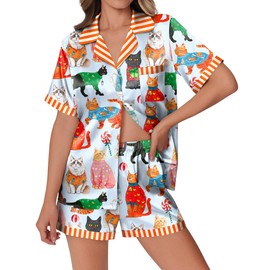 Ekouaer Womens Silk Satin Pajamas Set Animals Print Pjs Button Down Short Sleeve Lounge Set 2 Piece Sleepwear Cat M