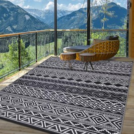 COZYLOOM Outdoor Rug 5x8 ft Waterproof Reversible Mat for Patio Clearance Camping RV Plastic Straw Rug Outside Indoor Outdoor Area Rug Boho Print Rug for Backyard, Deck, Picnic, Porch, Black&White