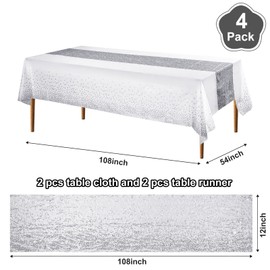 Tablecloth and Sequin Table Runner Set Polka Dots Confetti Table Cover Dining Plastic Table Cloths Glitter Decorations for Birthday Wedding Anniversary Party Supplies (White, Silver, 4 Pcs)