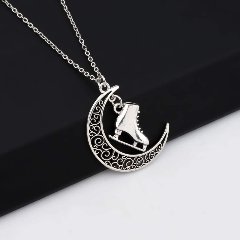 BEKECH Skater Necklace Ice Skate Necklace Ice Skate Charm Crescent