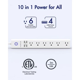 2 Pack Surge Protector Power Strip - 10FT Long Extension Cord with Multiple Outlets, 6 Widely Outlets 4 USB Charging Ports, Flat Plug Overload Surge Protection, Wall Mount for Home, Office ETL Listed