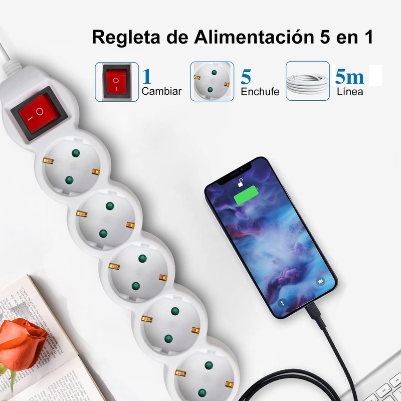 EXTRASTAR 5M Long Power Strip with 5 Sockets and Switch