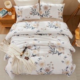 SUCSES Off White King Size Comforter Set 3 Pieces Floral Farmhouse Bedding Set Flower Printed Fluffy Bed Set for Bedroom Decoration (Off White, King)