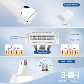 Suttik Bikini Trimmer for Women, 3 in 1 Electric Shaver for Women, Waterproof Pubic Body and Nose Hair Trimmer, Rechargeable Electric Razor for Underarm Leg Arm Body Nose