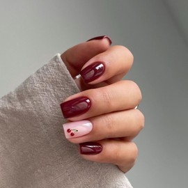 Press on Nails Short Square SWEKKE Wine Red Fake Nails False Nails with Designs Cherry Full Cover Glossy Glue on Nails Stick on Nails Acrylic Nails for Women Girls 24 Pcs