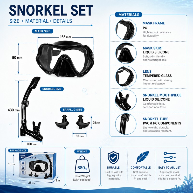 Snorkel Mask Set for Adults – Tempered Glass Diving Goggles