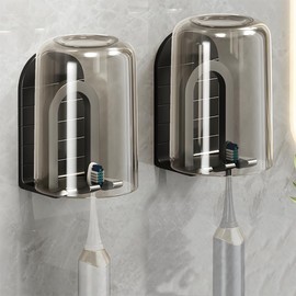 2Pcs Toothbrush Cup Holder Set – Bathroom Toothbrush Organizer with Toothbrush Cup - Self Adhesive Wall-Mounted(Black)