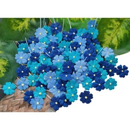 HukDok Mini Flowers with Thread Stem Mulberry Paper Flower Embellishment Card Craft Supplies Scrapbooking DIY Card Crafts Projects. (Blue Tone)