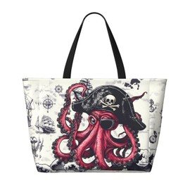 THE PIRATE KING Funny Pirate Octopus Beach Tote Pool Bag for Women Waterproof and Sand-proof Large Capacity Retro Bags with Zippers for Travel Vacation Gym