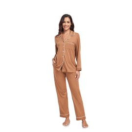 COLORFULLEAF Women's 100% Cotton Long Sleeve Pajama Sets Button Down Notched Collar Sleepwear Soft Lounge Pjs with Pockets (Brown,L)