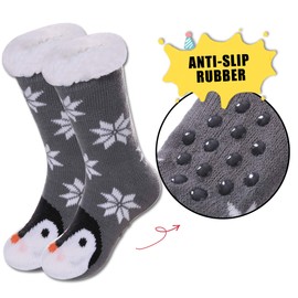 Yebing Kids Boys Girls Slipper Socks Cute Animal Fuzzy Winter Warm Fleece Lining Christmas Socks With Grippers Penguin, 5-8 Year Old
